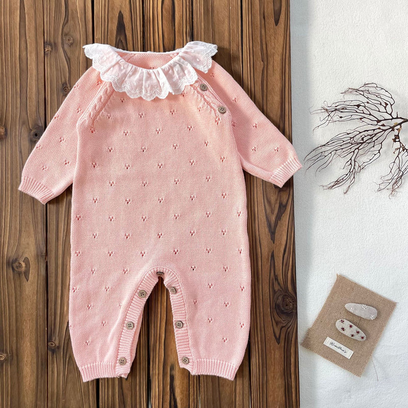 Macacão Infantil Feminino Tricô Gola Rendinha