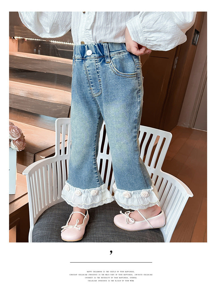Calça Infantil Feminina Jeans Barra Florzinhas
