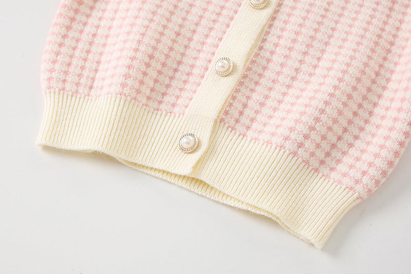 Conjunto Infantil Feminino Tricô Xadrez Lacinho