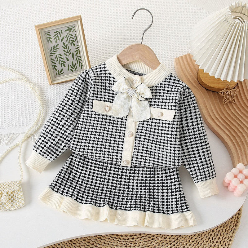 Conjunto Infantil Feminino Tricô Xadrez Lacinho