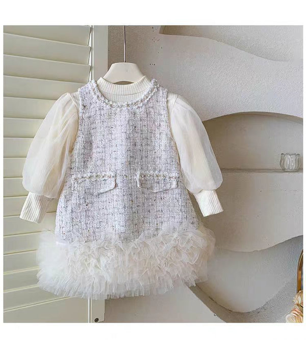 Conjunto Infantil Feminino Vestido Tweed + Manga Tule