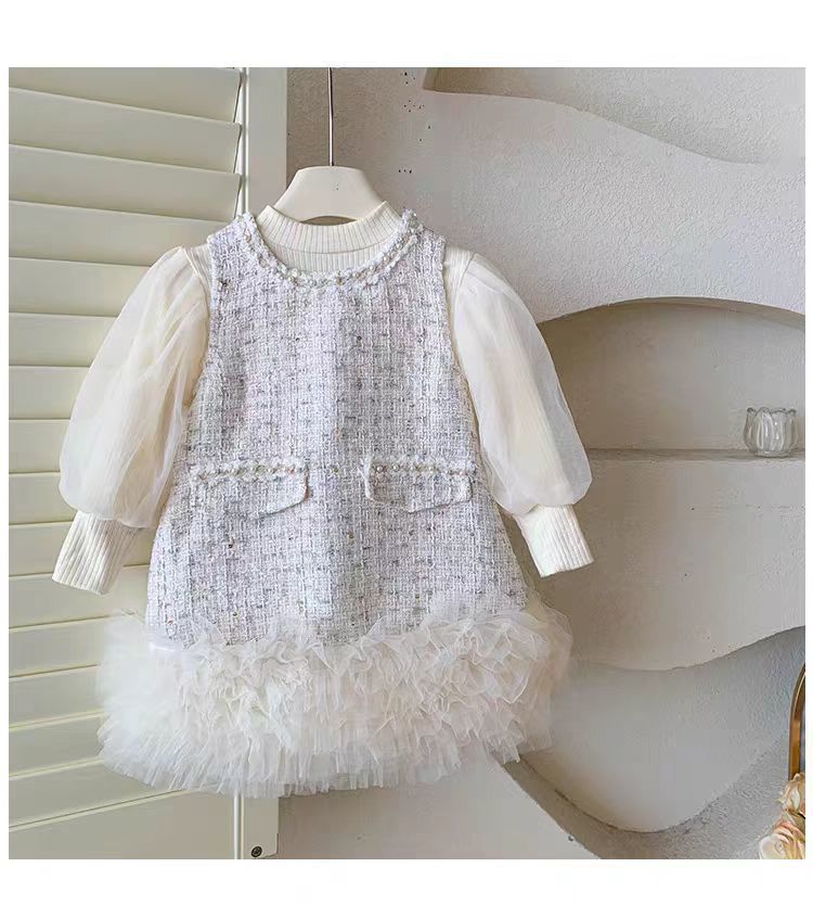 Conjunto Infantil Feminino Vestido Tweed + Manga Tule
