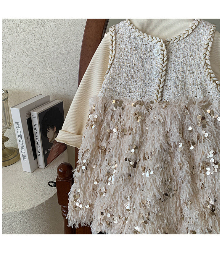 Conjunto Infantil Vestido Plumas Brilhante + Blusa