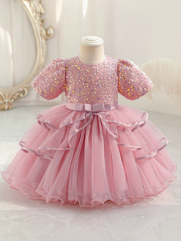 Vestido Infantil Festa Brilhante e Tule Camadas