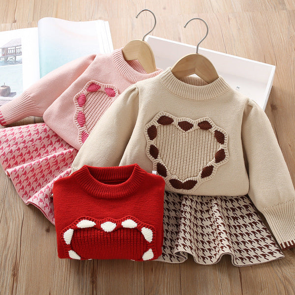 Conjunto Infantil Feminino Tricô Coração e Xadrez