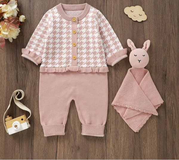 Macacão Infantil de Tricô Rose Xadrez