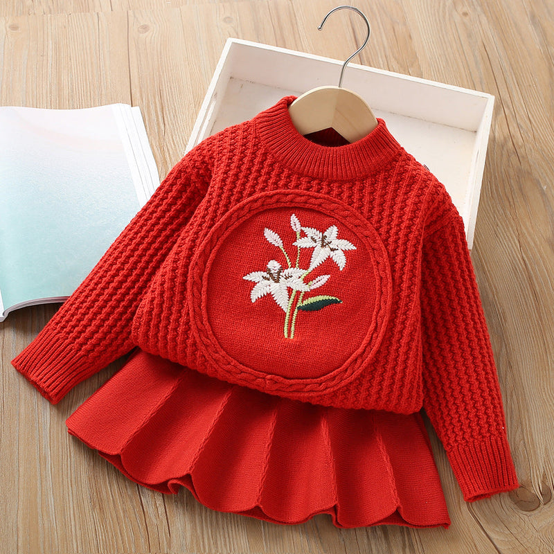 Conjunto Infantil Feminino Tricô Plíssado Florzinha