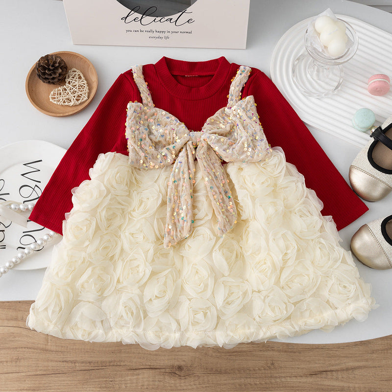 Vestido Infantil Flores e Laço Brilhante