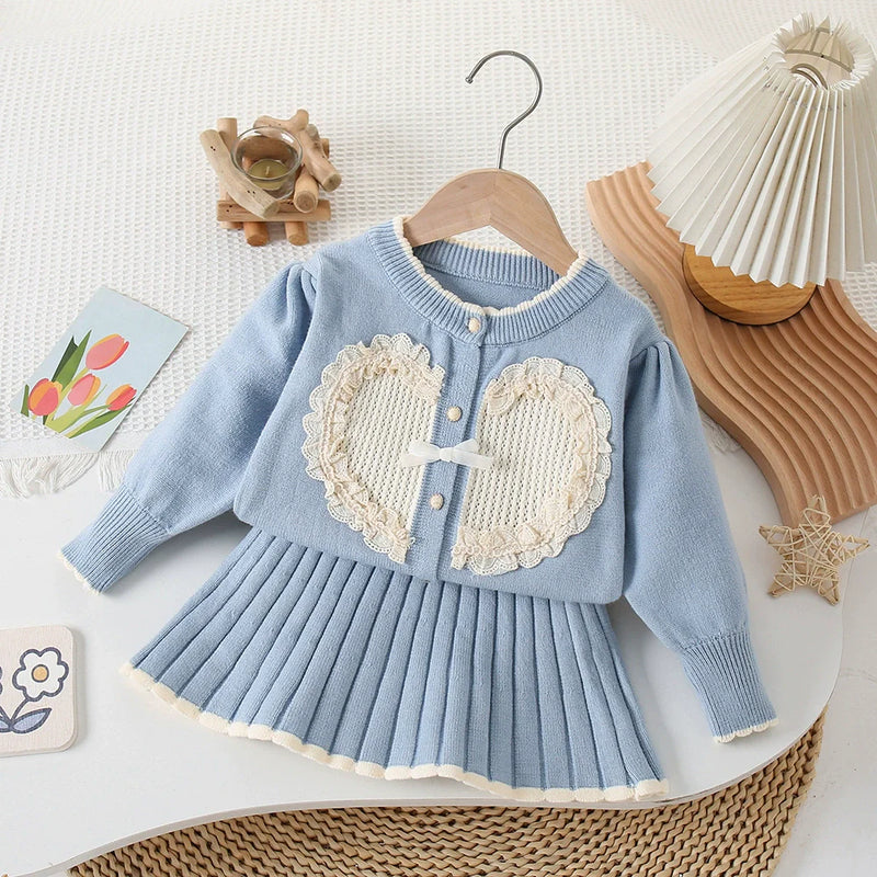 Conjunto Infantil Feminino Tricô Coração com Lacinho