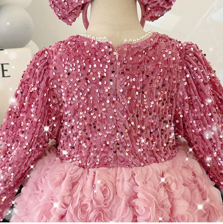 Vestido De Festa Infantil Brilhante Flores e Lacinho