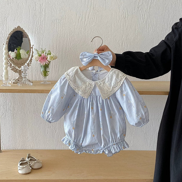 Body/ Vestido Infantil Azul Florzinhas e Renda