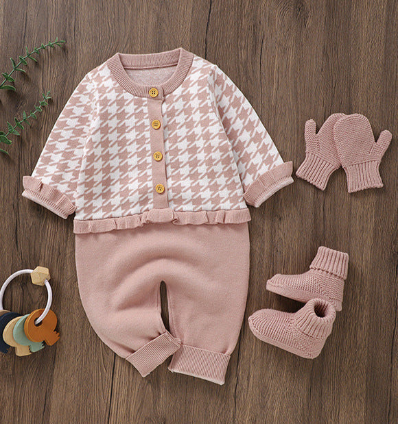 Macacão Infantil de Tricô Rose Xadrez