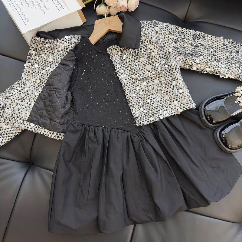 Conjunto Infantil Feminino Vestido  Brilhos + Casaco Lantejoulas
