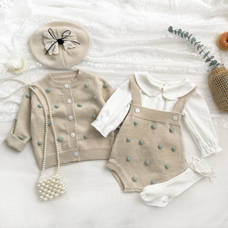 Conjunto Infantil Feminino Tricô com Bolinhas
