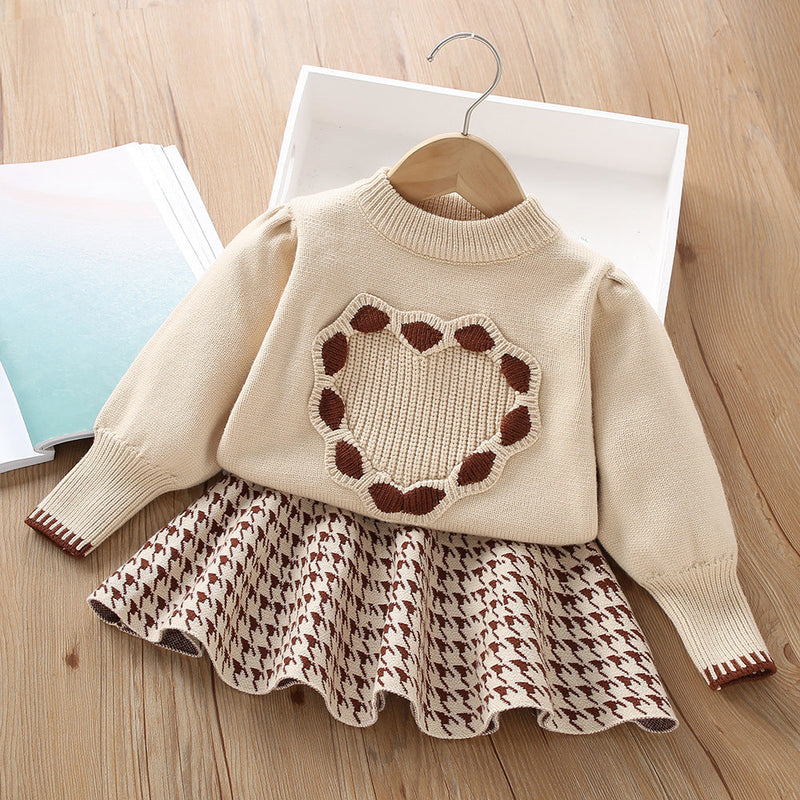 Conjunto Infantil Feminino Tricô Coração e Xadrez