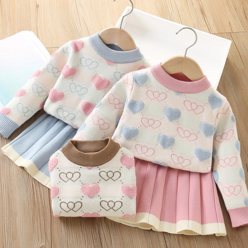 Conjunto Infantil Feminino Tricô Corações