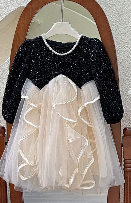 Vestido Infantil Brilhante e Tule Com Laço