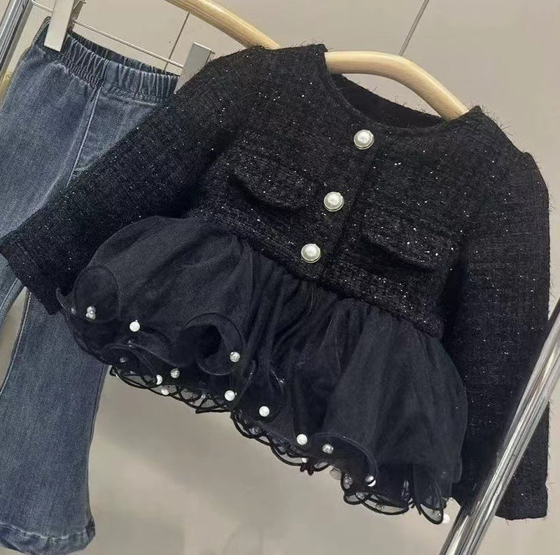 Conjunto Infantil Casaco Tweed, Tule + Jeans