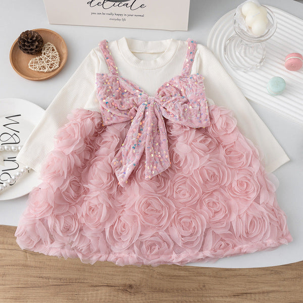 Vestido Infantil Flores e Laço Brilhante
