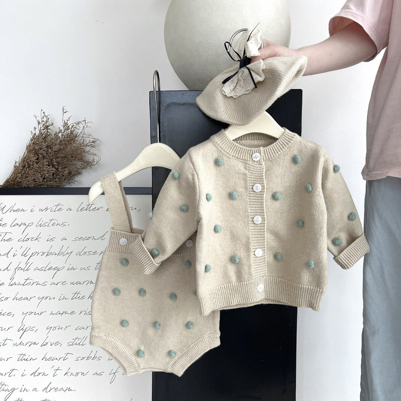 Conjunto Infantil Feminino Tricô com Bolinhas