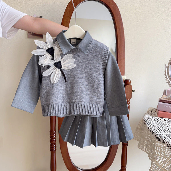 Conjunto Infantil Tricô Feminino Cinza Florzinha