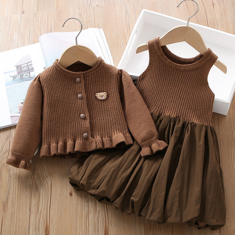 Vestido + Cardigan Infantil Tricô Ursinho