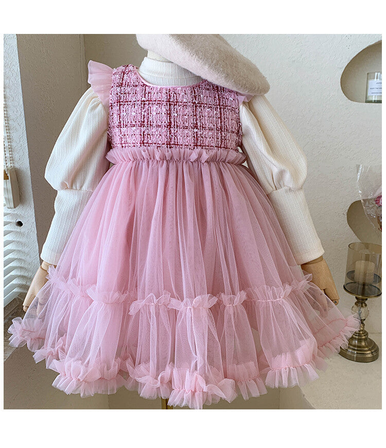 Vestido Infantil Tweed Tule + Manga Longa