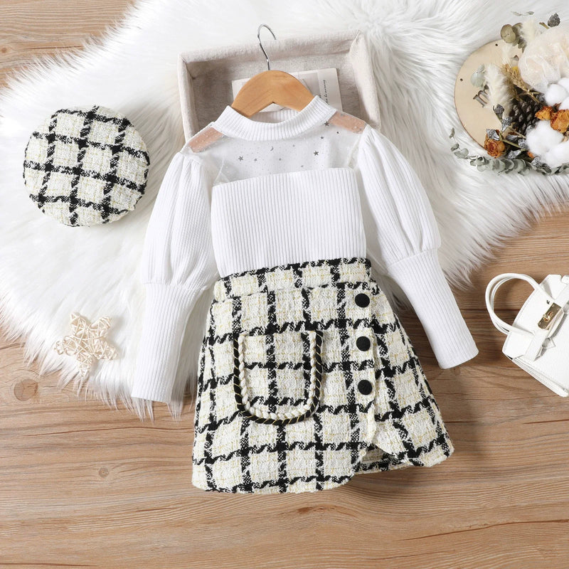 Conjunto Infantil Feminino Branco e Xadrez