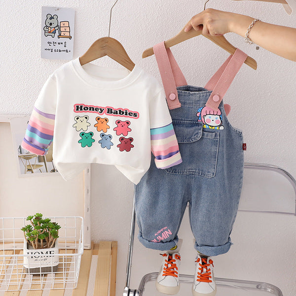 Conjunto Infantil Feminino Jardineira Ursinho e Lístras