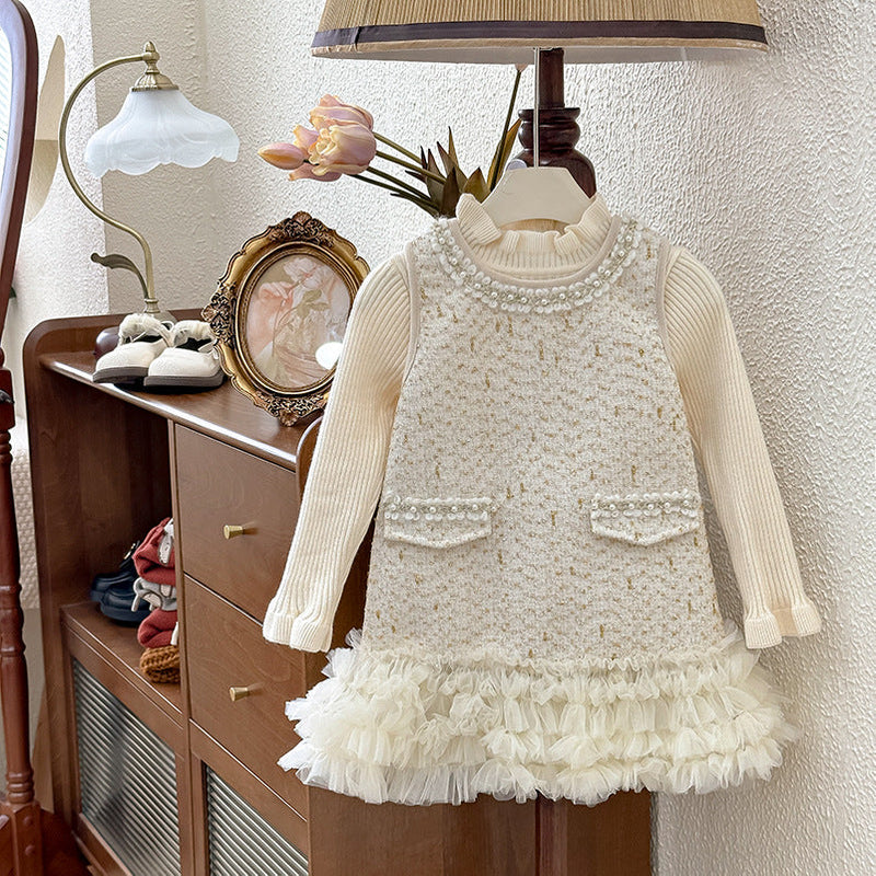 Vestido Infantil Tweed e Pérolas