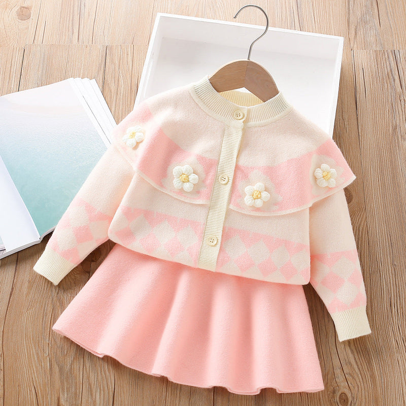 Conjunto Infantil Feminino Tricô Gola Florzinhas