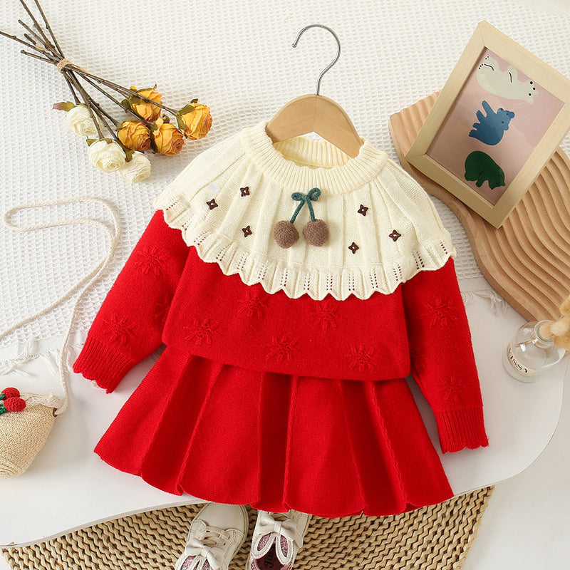 Conjunto Infantil Feminino Tricô Inverno Pompomzinhos