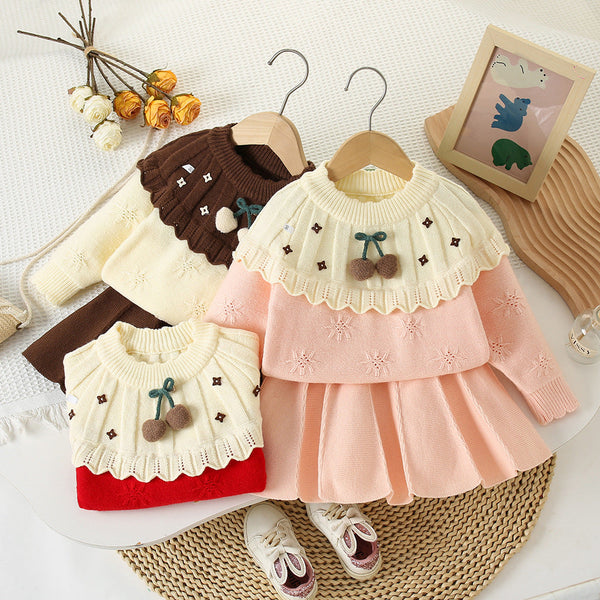Conjunto Infantil Feminino Tricô Inverno Pompomzinhos