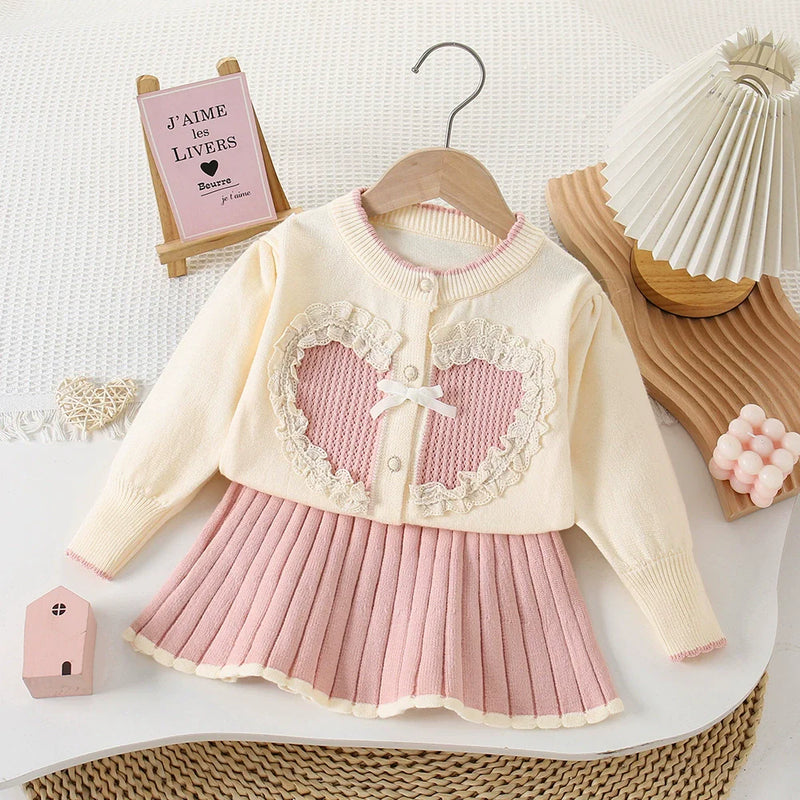 Conjunto Infantil Feminino Tricô Coração com Lacinho