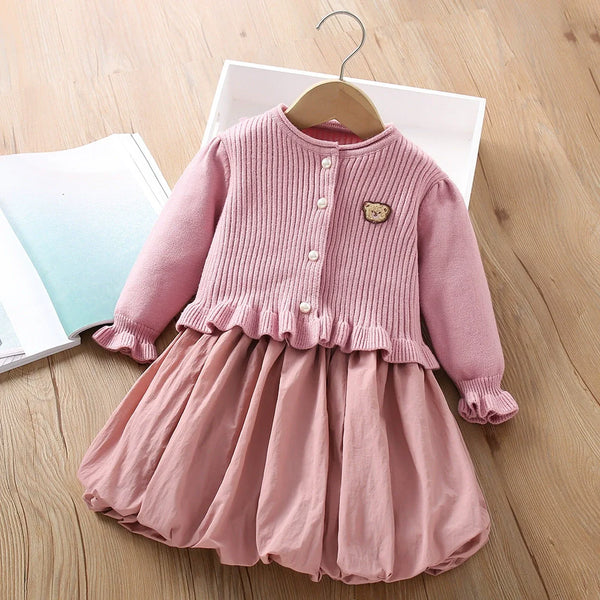 Vestido + Cardigan Infantil Tricô Ursinho