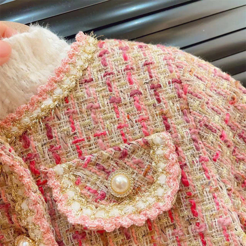 Conjunto Infantil Feminino Tweed Rosa Pérolas