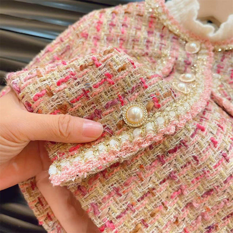 Conjunto Infantil Feminino Tweed Rosa Pérolas