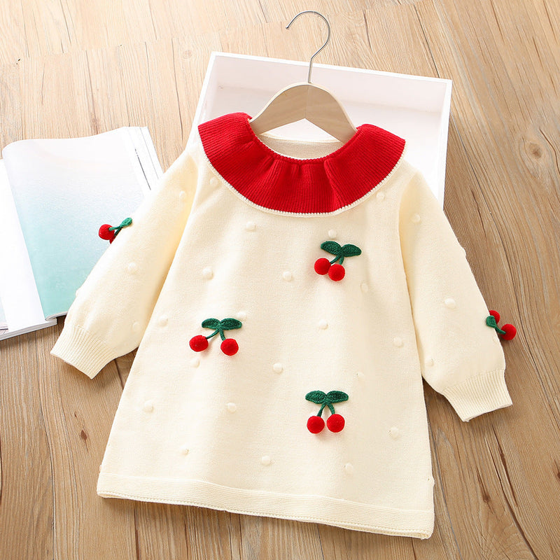 Vestido Infantil Inverno Tricô Cerejinhas