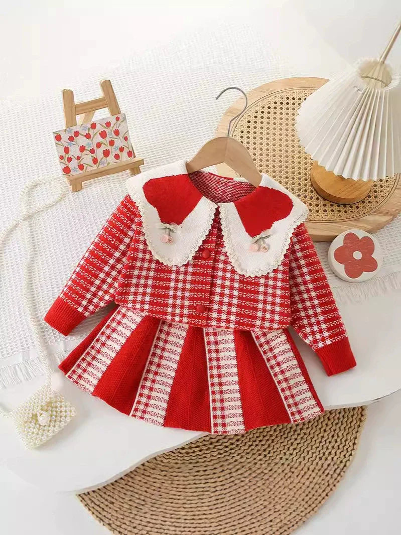 Conjunto Infantil Feminino Xadrez Tricô