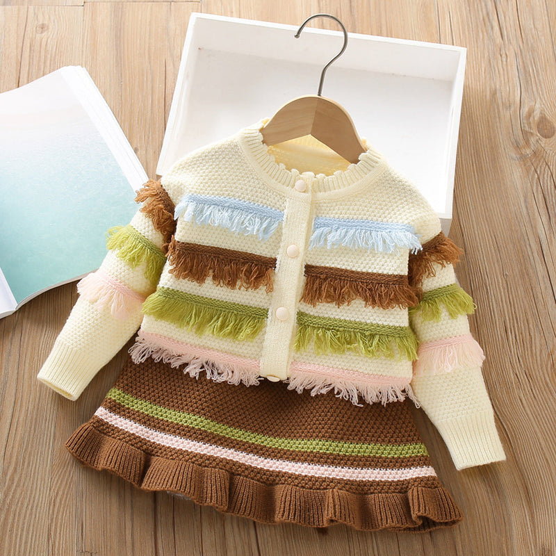Conjunto Tricô Feminino Inverno Franjinhas