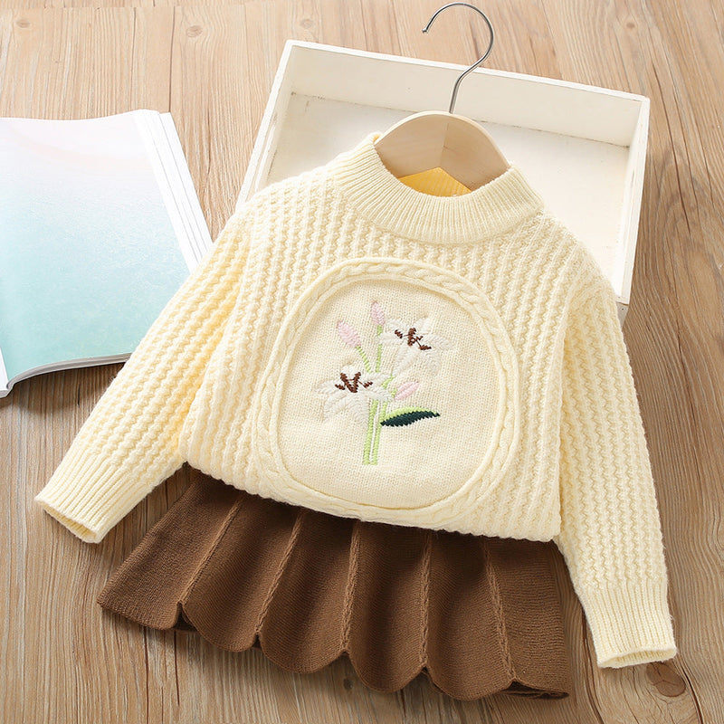 Conjunto Infantil Feminino Tricô Plíssado Florzinha