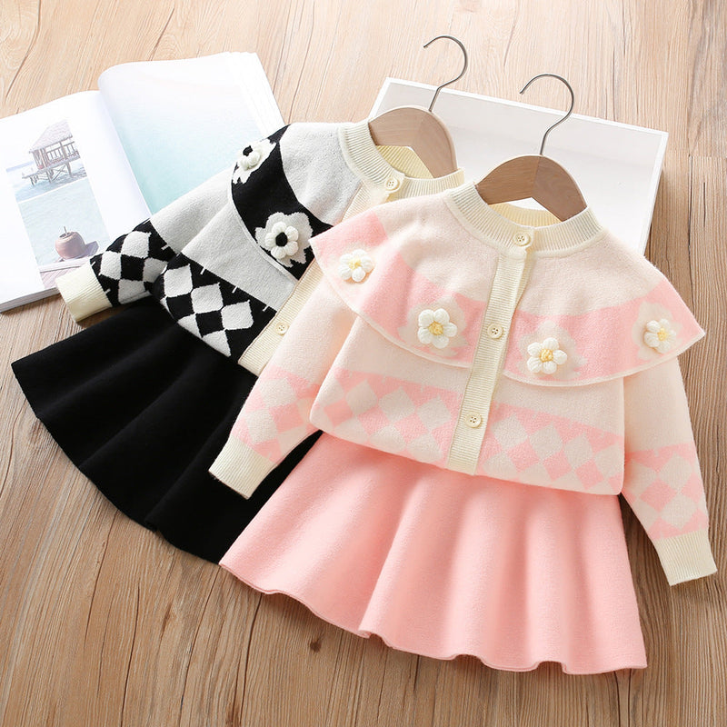 Conjunto Infantil Feminino Tricô Gola Florzinhas