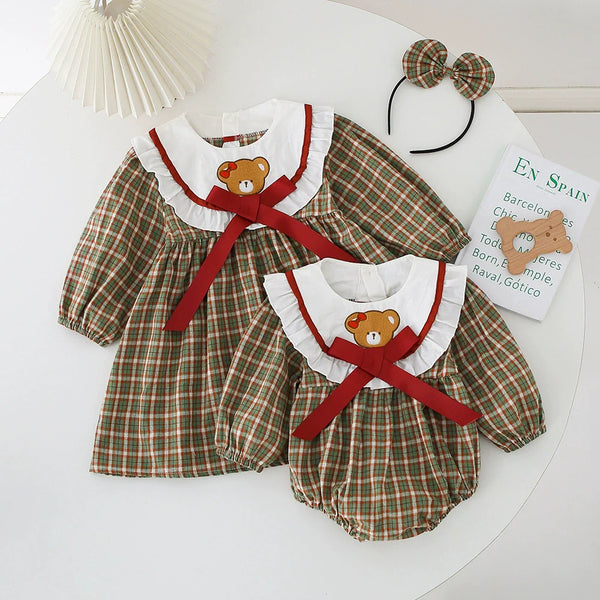Body/ Vestido Infantil Xadrez Ursinho