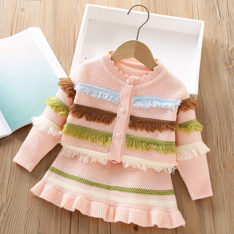 Conjunto Tricô Feminino Inverno Franjinhas