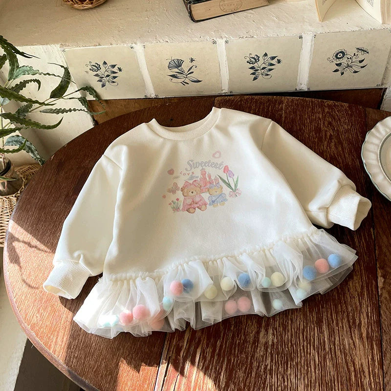 Vestido Infantil Ursinho com Pompom Colorido
