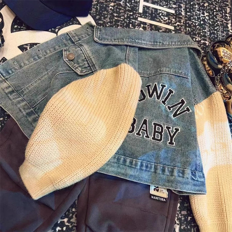 Jaqueta Infantil Jeans Manga Tricô