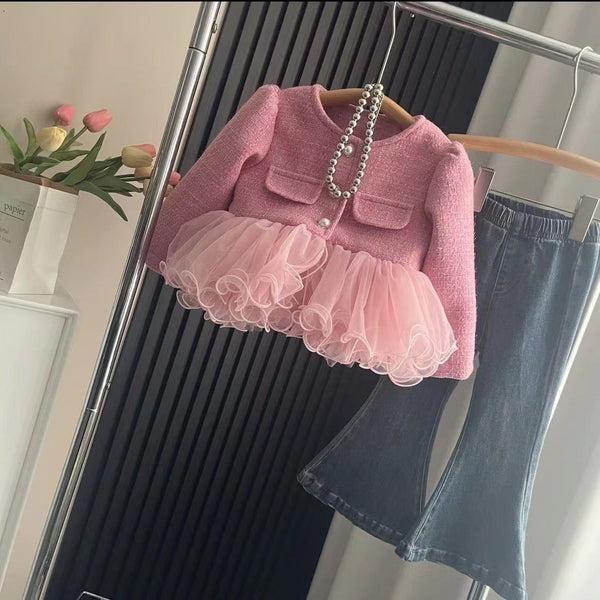 Conjunto Infantil Casaco Tweed, Tule + Jeans
