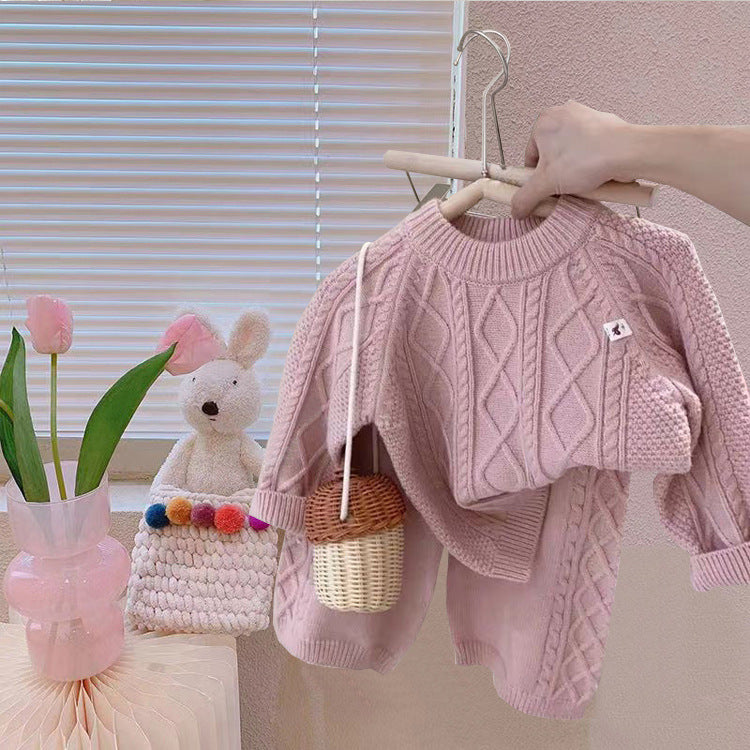 Conjunto Infantil Feminino Tricô Rosa