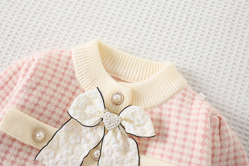 Conjunto Infantil Feminino Tricô Xadrez Lacinho