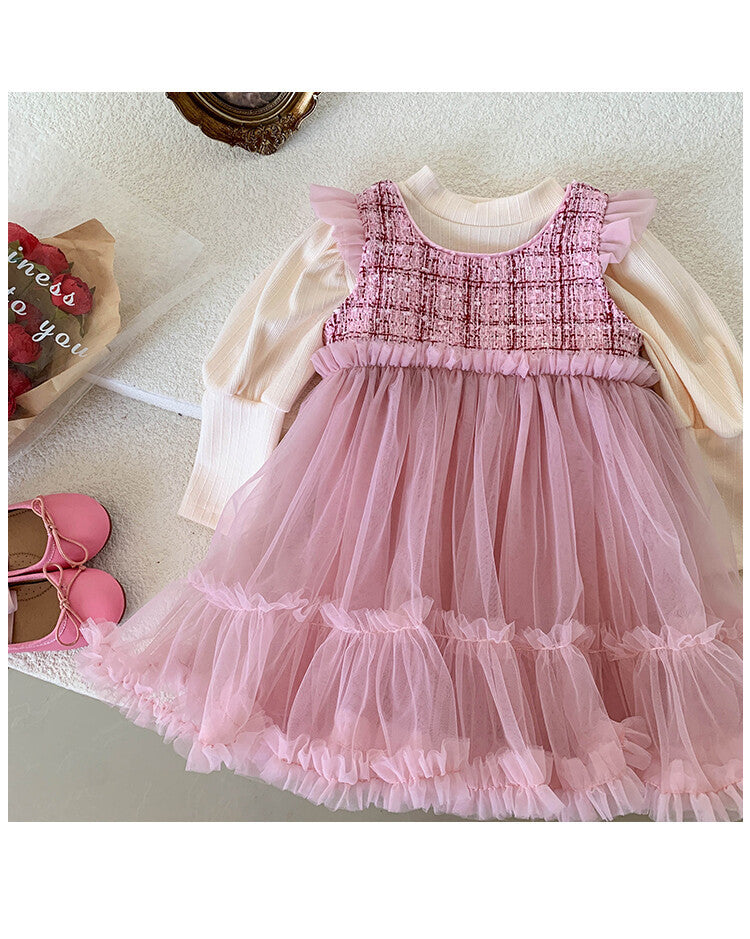 Vestido Infantil Tweed Tule + Manga Longa